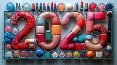 Assorted makeup arranged to form the year 2025 in a creative artistic display for beauty enthusiasts photo