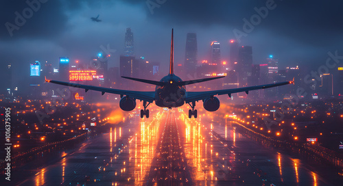 A plane flying over the city skyline, capturing a stunning view of urban architecture from above. The airplane is in mid-flight, showcasing the contrast between the aircraft and the modern buildings b