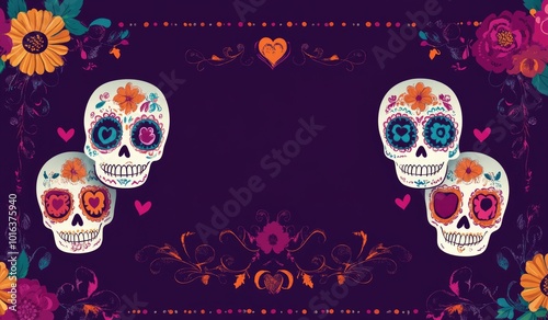 Sugar skulls with colorful flowers on a purple background with copy space. Design element printable social media post, Dia de Muertos party invitation, card, flyer,