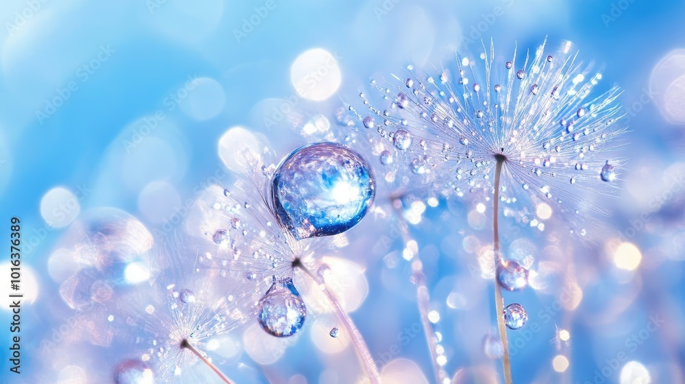 Close-up of sparkling water droplets delicately resting on dandelion seeds, glowing in the soft blue background light. Close-up of sparkling water droplets delicately resting on dandelion seeds, glowing in the soft blue background light.