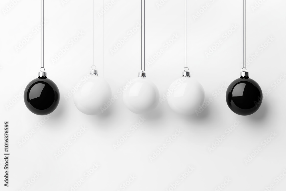 Glossy black and white ornaments suspended on thin strings on white background, showcasing a modern Christmas aesthetic Glossy black and white ornaments suspended on thin strings on white background, showcasing a modern Christmas aesthetic
