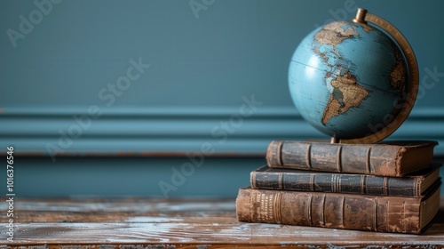 Vintage Globe and Books on Rustic Wooden Table photo