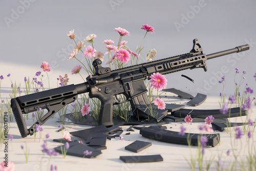 A rifle shattered into pieces, with vibrant flowers growing from the broken parts.
