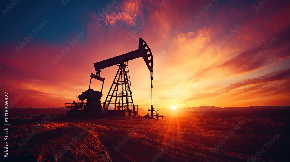 The silhouette of an oil rig pump at sunset in the desert, surrounded by a glowing sky and long shadows in the foreground.