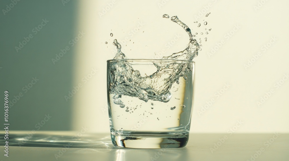 Water cascading into a glass, capturing the refreshing splash and sparkle of the liquid as it fills up against a bright, Water cascading into a glass, capturing the refreshing splash and sparkle of the liquid as it fills up against a bright,