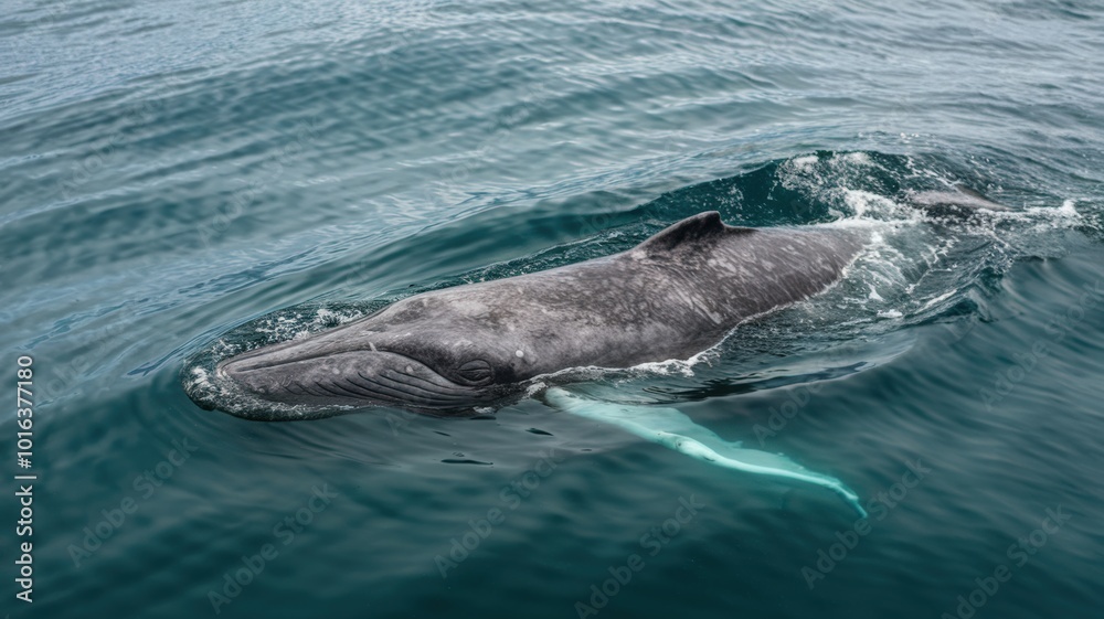 Fototapeta premium A drone photo of a gray whale swimming in the ocean near Baja California, Mexico. The whale is moving through the water and is partially submerged. The background contains the ocean surface