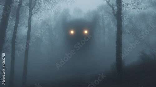 A mysterious figure with glowing eyes looms in a foggy forest, creating an eerie atmosphere.