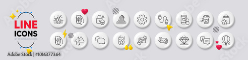 Roller coaster, Loyalty points and Cyber attack line icons. White buttons 3d icons. Pack of Diamond, Messenger, Ecology app icon. Charging cable, Heart rating, Lightning bolt pictogram. Vector