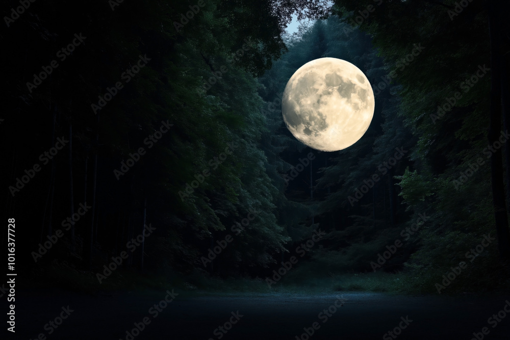 A large, bright full moon illuminates a dense forest at night, casting light on the trees and vegetation in the serene wilderness scene. A large, bright full moon illuminates a dense forest at night, casting light on the trees and vegetation in the serene wilderness scene.