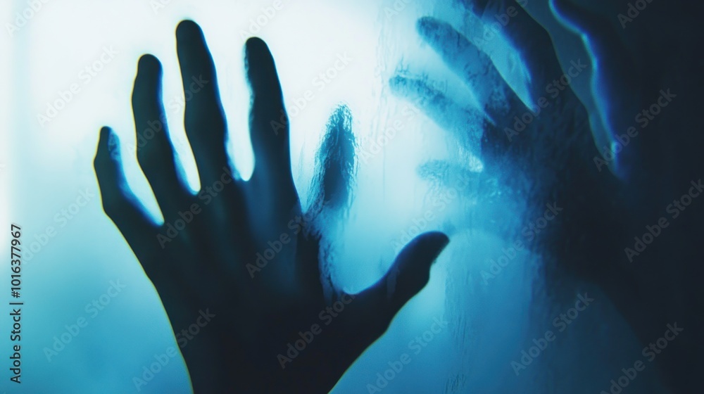 A shadowy figure's hand pressed against a foggy surface, creating a sense of isolation. A shadowy figure's hand pressed against a foggy surface, creating a sense of isolation.