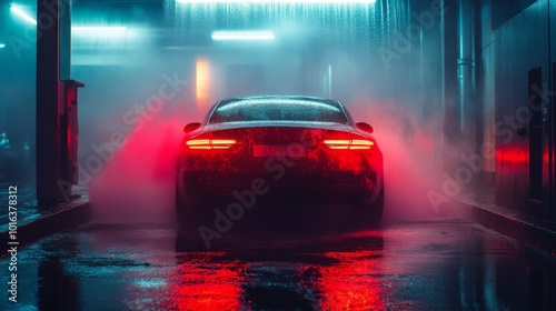 Car Getting Washed in a Car Wash with Red Lights