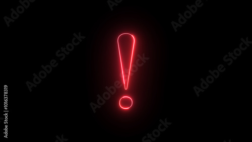 Neon exclamation danger and surprise mark,red icon animation and black background.