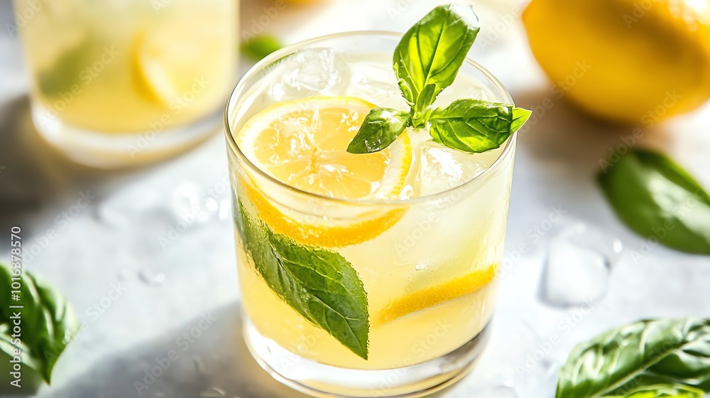 A glass of lemonade with a lemon slice and mint. A glass of lemonade with a lemon slice and mint.