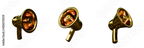 Golden 3D horn in different angles. Loudspeaker isolated on transparent background