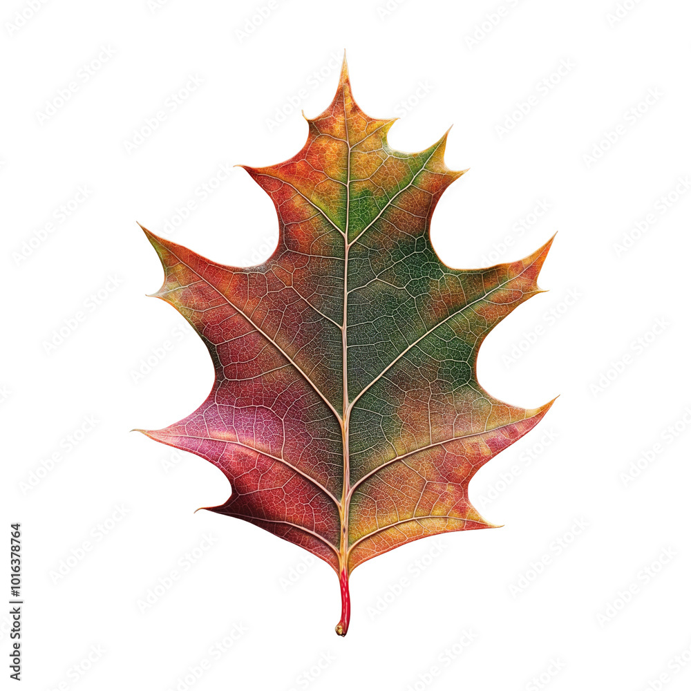 Naklejka premium An autumn maple leaf, with its characteristic red and green hues isolated over transparent background, PNG, cutout