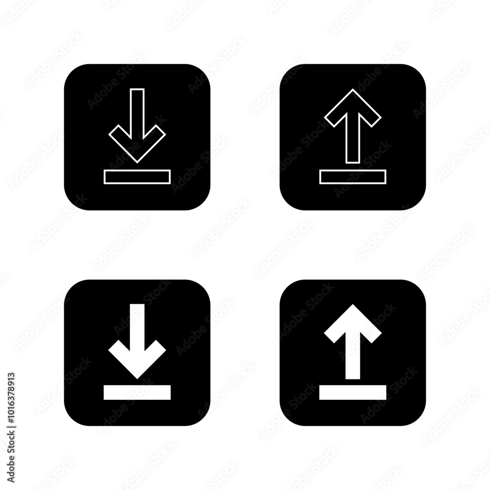 Download and upload icon on black square. Downloading and uploading concept Download and upload icon on black square. Downloading and uploading concept