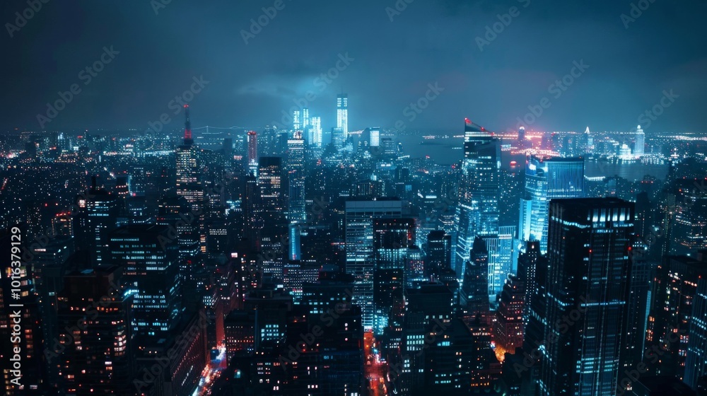 Urban cityscape at night with glowing lights and bustling activity, demonstrating the human impact and development on Earth