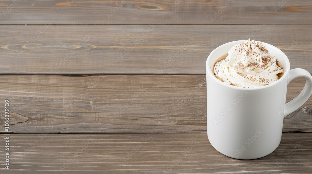 Mocha in a ceramic mug topped with whipped cream and chocolate shavings, Drink photography, copy space Mocha in a ceramic mug topped with whipped cream and chocolate shavings, Drink photography, copy space