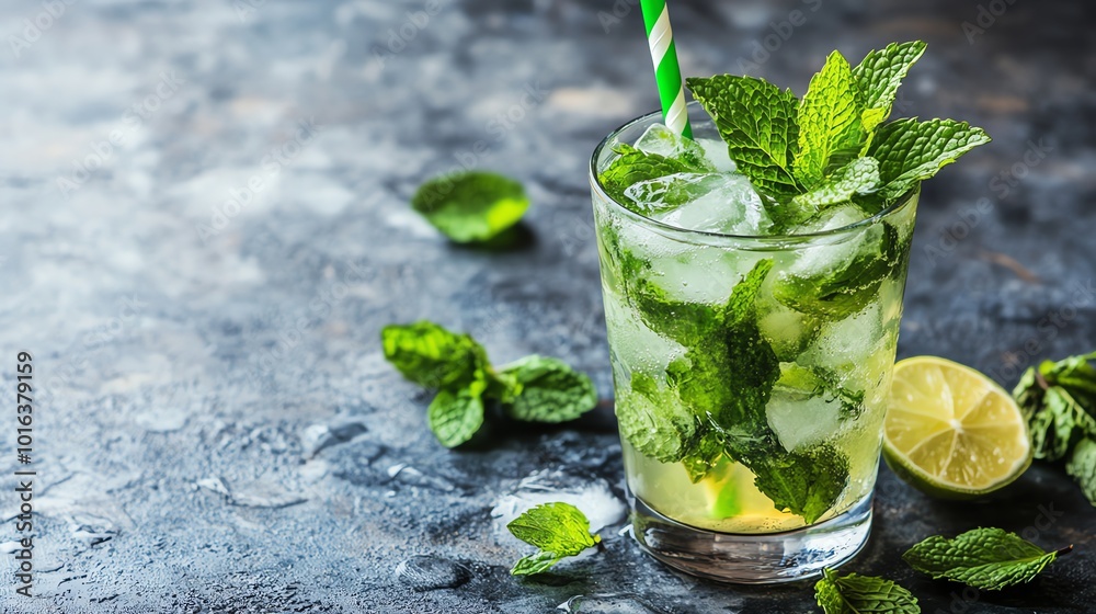 A refreshing lime and mint cocktail with ice. A refreshing lime and mint cocktail with ice.