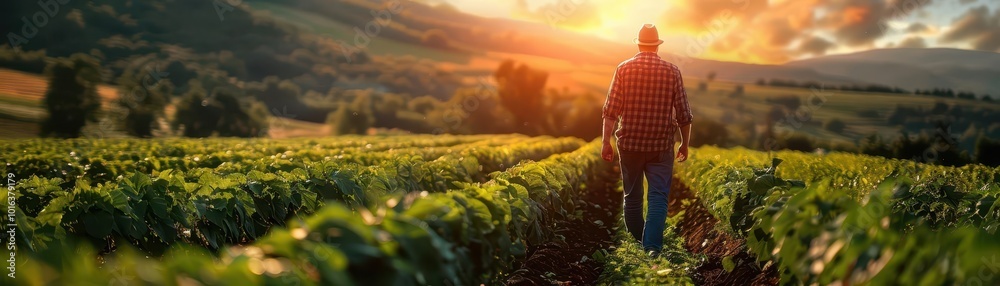 Fototapeta premium Farmers tending to their crops in idyllic rural landscapes, green and productive, Nature, Soft greens, Photograph, Rural labor