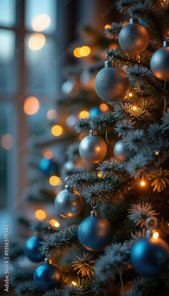 A beautifully decorated Christmas tree with blue and silver ornaments illuminated with warm, soft holiday lights A beautifully decorated Christmas tree with blue and silver ornaments illuminated with warm, soft holiday lights