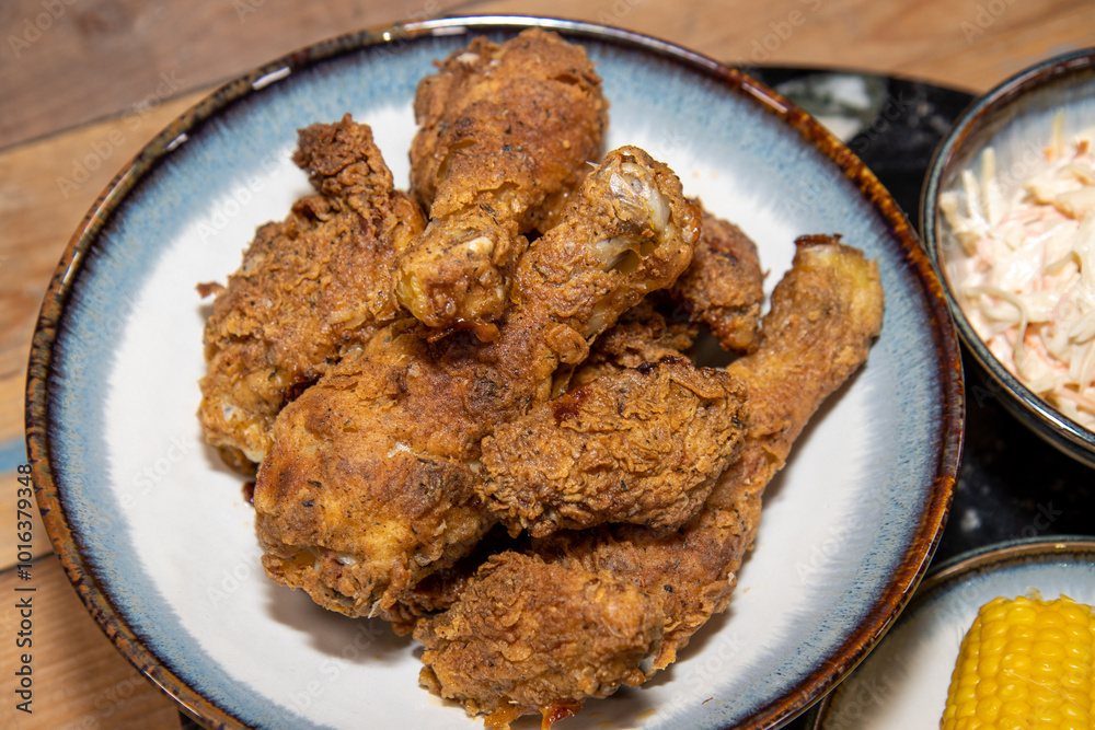 A plate of crispy fried chicken legs with coleslaw and sweetcorn on a wooden kitchen work top A plate of crispy fried chicken legs with coleslaw and sweetcorn on a wooden kitchen work top