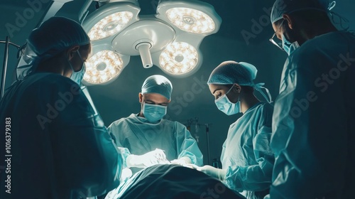 Surgical team performing operation under bright lights