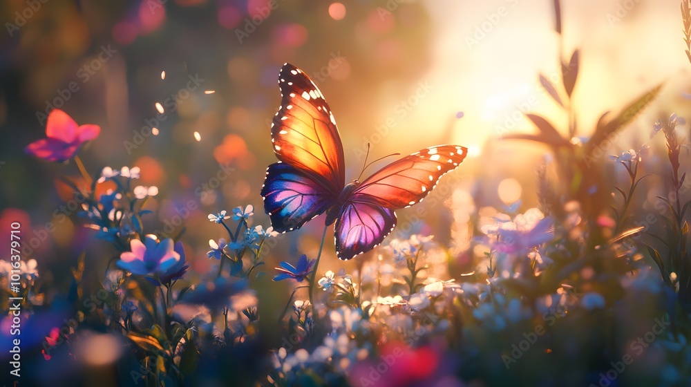 A vibrant wildflower meadow teems with colorful butterflies and soft sunlight, showcasing macro details of iridescent wings and delicate petals in a dreamy summer garden scene. A vibrant wildflower meadow teems with colorful butterflies and soft sunlight, showcasing macro details of iridescent wings and delicate petals in a dreamy summer garden scene.