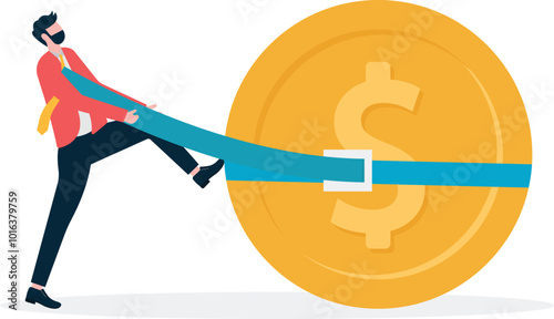 Businessman tightening the waistband of the money bag to cut expenses,
