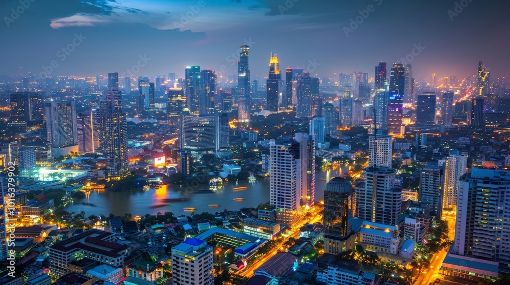 Naklejka premium Urban cityscape at night with glowing lights and bustling activity, demonstrating the human impact and development on Earth