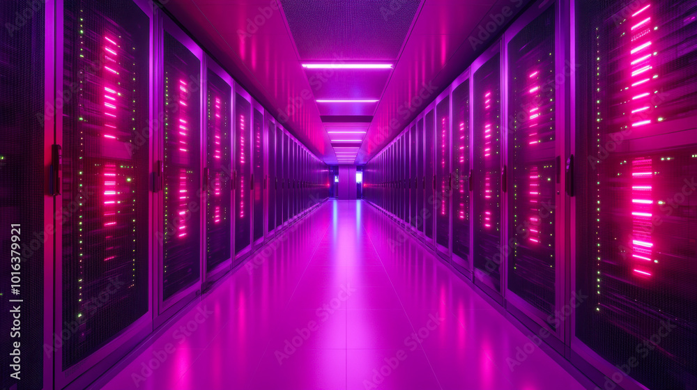 A vibrant data center with rows of servers glowing in blue and purple light, showcasing advanced technology and modern infrastructure A vibrant data center with rows of servers glowing in blue and purple light, showcasing advanced technology and modern infrastructure