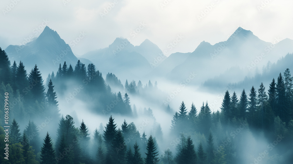 Obraz premium Pine Forest and Mountain Peaks with Rolling Fog Creating a Dramatic Scene