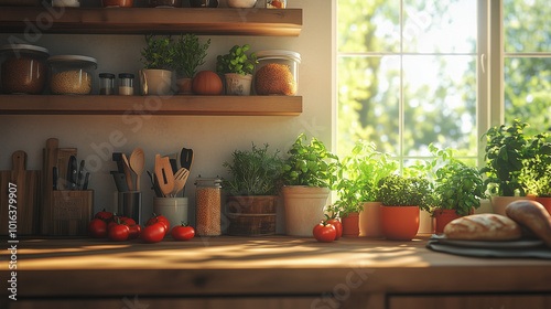 Wallpaper Mural Sunlit Kitchen Counter With Fresh Tomatoes Herbs and Wooden Utensils Potted Plants and Rustic Decor Torontodigital.ca