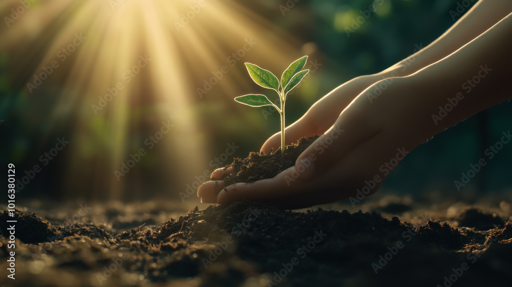 Fototapeta premium Hands gently planting a young seedling in rich soil with sunlight creating a warm glow in a serene garden setting