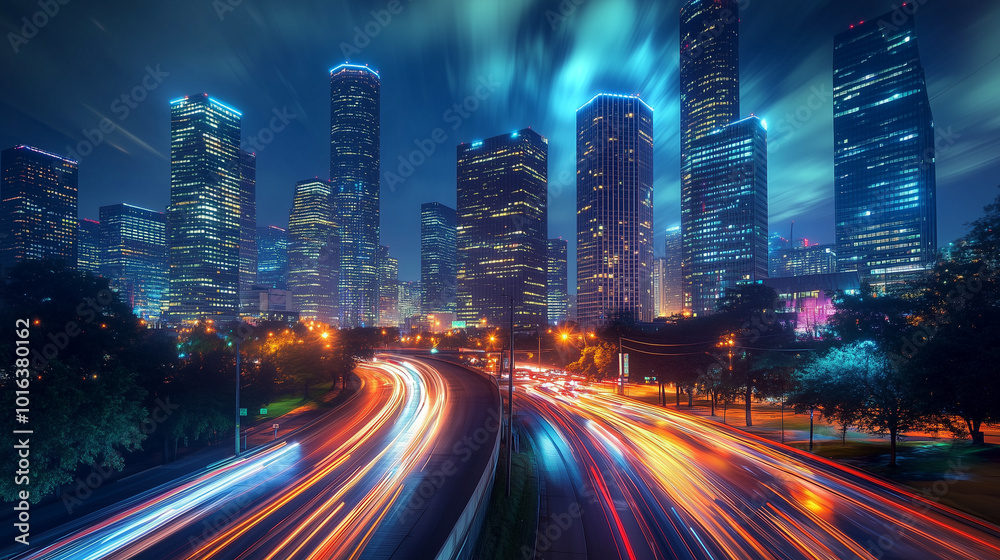 Fototapeta premium Nighttime Cityscape with Brightly Lit Buildings and Highways Full of Traffic Light Trails