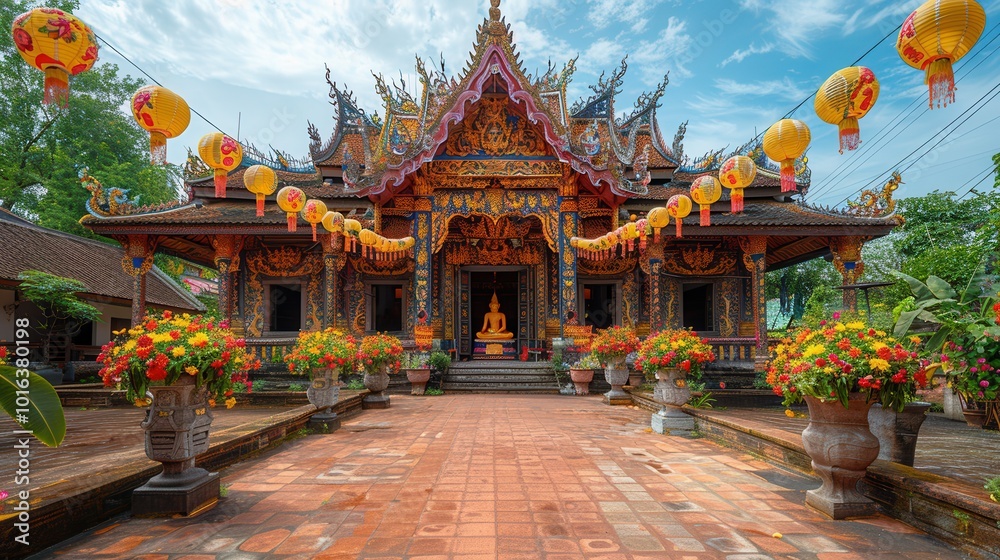Obraz premium Colorful Temple Surrounded by Lanterns and Flowers