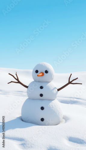 Happy snowman with sticks, button eyes and carrot nose standing in snowy forest winter landscape