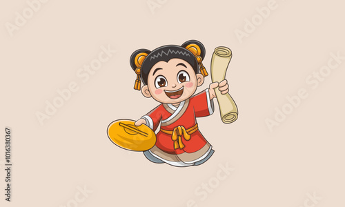 Cheerful child holding a scroll and gold ingot in festive attire