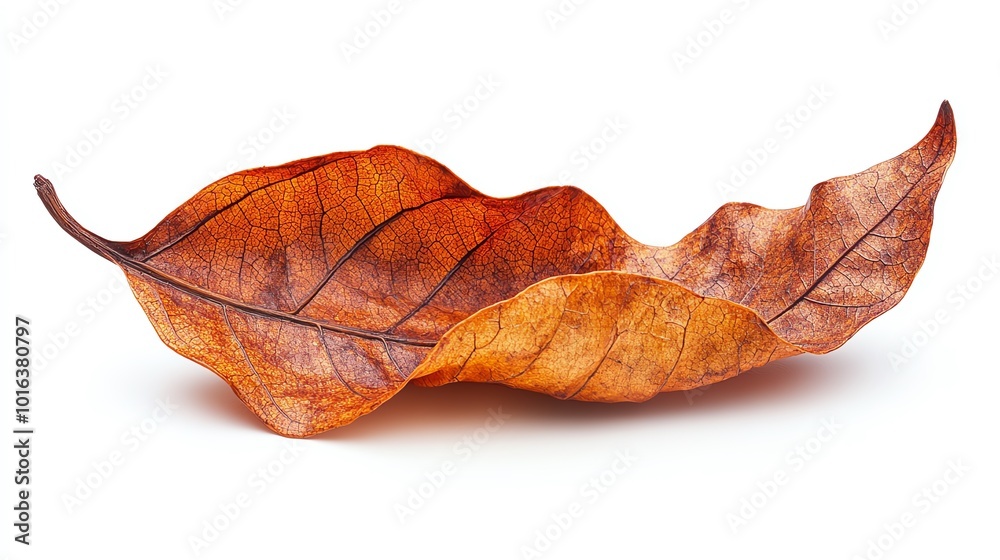 Light brown dried leaf, curled and textured, isolated on a white background, natural decay and simplicity Light brown dried leaf, curled and textured, isolated on a white background, natural decay and simplicity