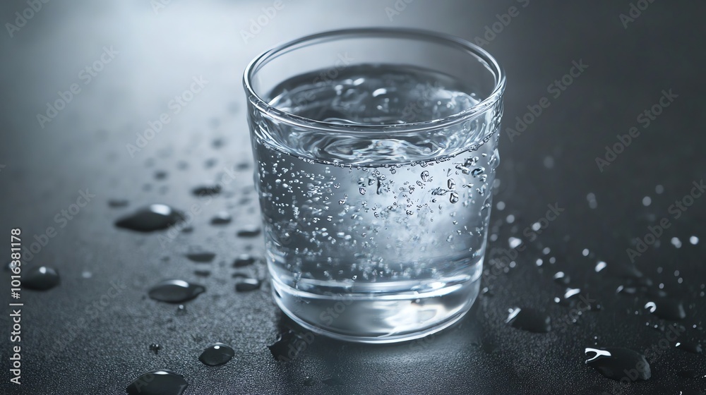 A glass of sparkling water with ice cubes on a wet, dark surface. A glass of sparkling water with ice cubes on a wet, dark surface.