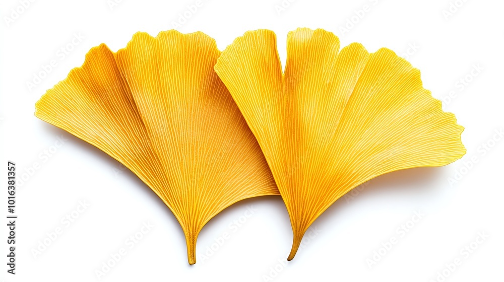 Single bright yellow ginkgo leaf, fanshaped and smooth, isolated on a white background, clean design Single bright yellow ginkgo leaf, fanshaped and smooth, isolated on a white background, clean design
