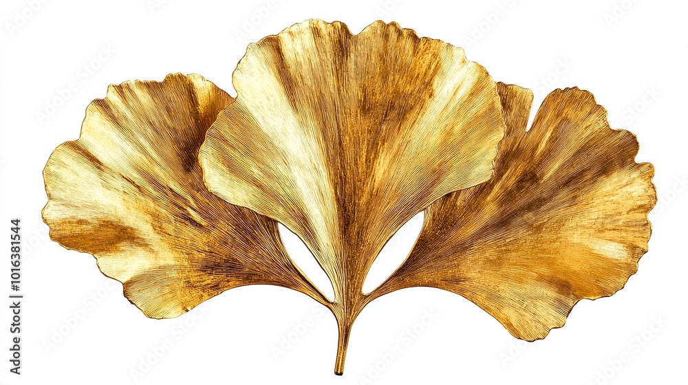 Single golden ginkgo leaf, fanshaped and textured, isolated on a white background, minimalist botanical art Single golden ginkgo leaf, fanshaped and textured, isolated on a white background, minimalist botanical art
