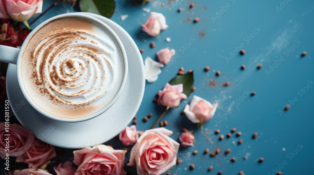 Aromatic Coffee with Whipped Cream and Rose Petals on Blue Background Aromatic Coffee with Whipped Cream and Rose Petals on Blue Background