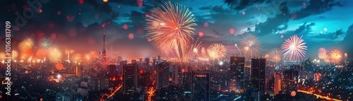 Fourth of July fireworks displays over cityscapes, vibrant and patriotic, Urban, Bright hues, Photograph, National celebration