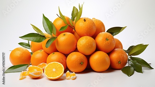 Fresh Citrus Oranges Piled High with Green Leaves and Slices