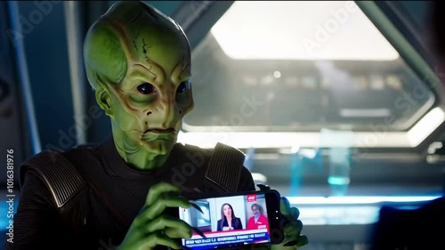 An alien holds a smartphone in his hands and watches the news