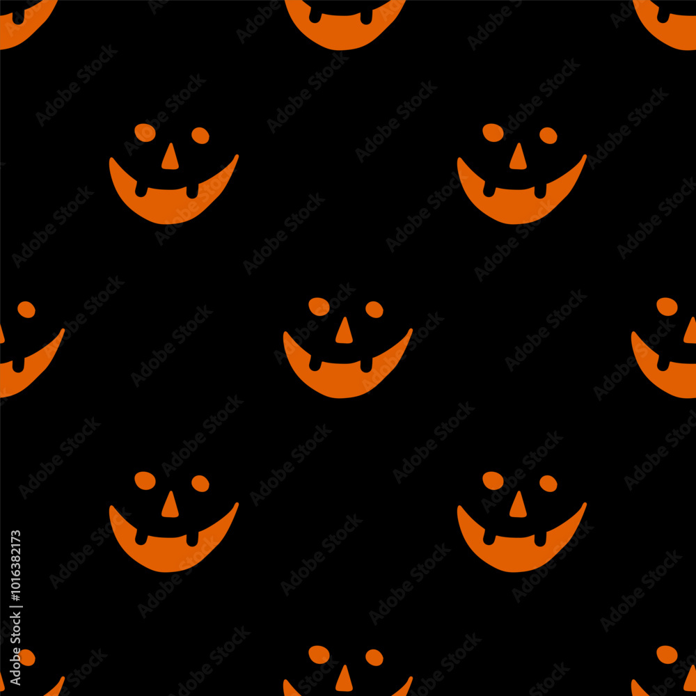 Seamless Halloween pattern of orange jack-o -lantern faces on a black background, perfect for festive designs, decorations, and spooky-themed graphics for Halloween events Seamless Halloween pattern of orange jack-o -lantern faces on a black background, perfect for festive designs, decorations, and spooky-themed graphics for Halloween events
