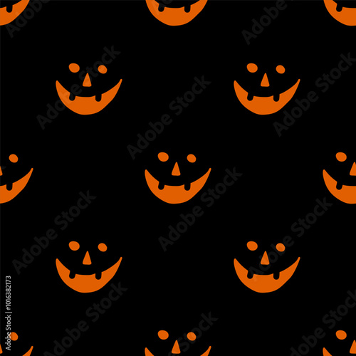 Seamless Halloween pattern of orange jack-o -lantern faces on a black background, perfect for festive designs, decorations, and spooky-themed graphics for Halloween events