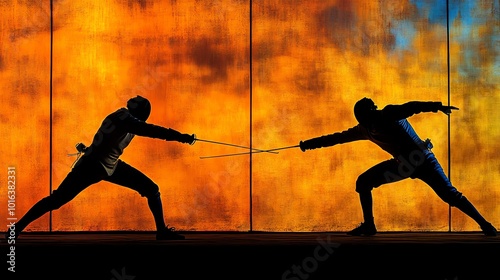 Two fencers in white suits and masks are facing each other, holding foils in a duel.