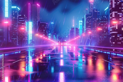 Vibrant Cyberpunk Cityscape with Neon Lights and Rain